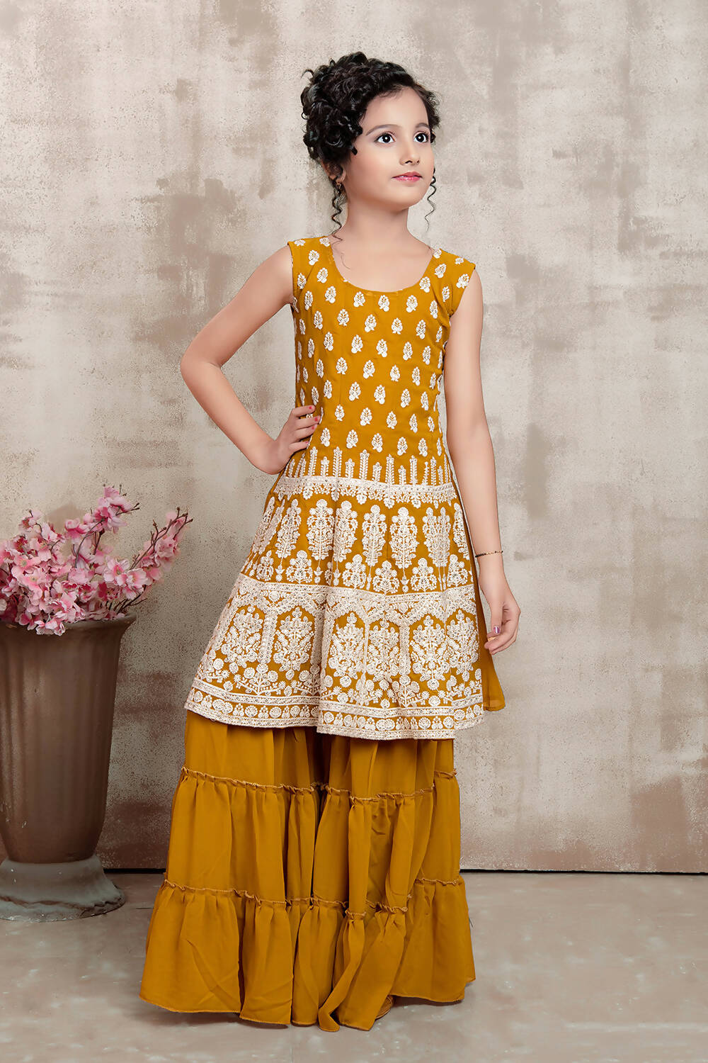 Kids Wedding Designer Yellow Faux Georgette Fabric Sharara Suit - Aaradhna - Distacart