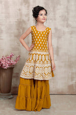 Thumbnail for Kids Wedding Designer Yellow Faux Georgette Fabric Sharara Suit - Aaradhna - Distacart