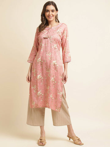 Pink Poly Rayon Floral Printed Straight Kurta - Prasuti - Distacart