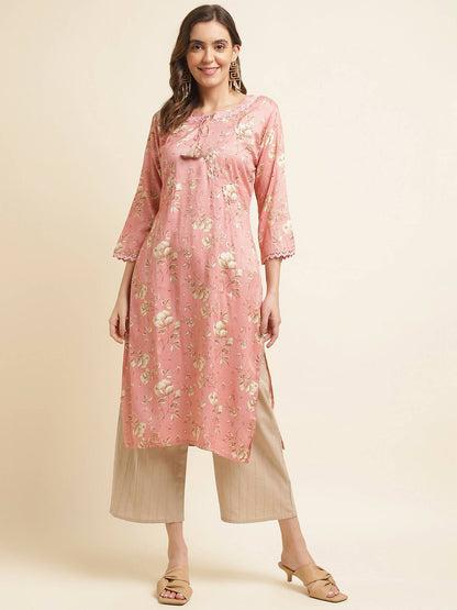 Pink Poly Rayon Floral Printed Straight Kurta - Prasuti - Distacart