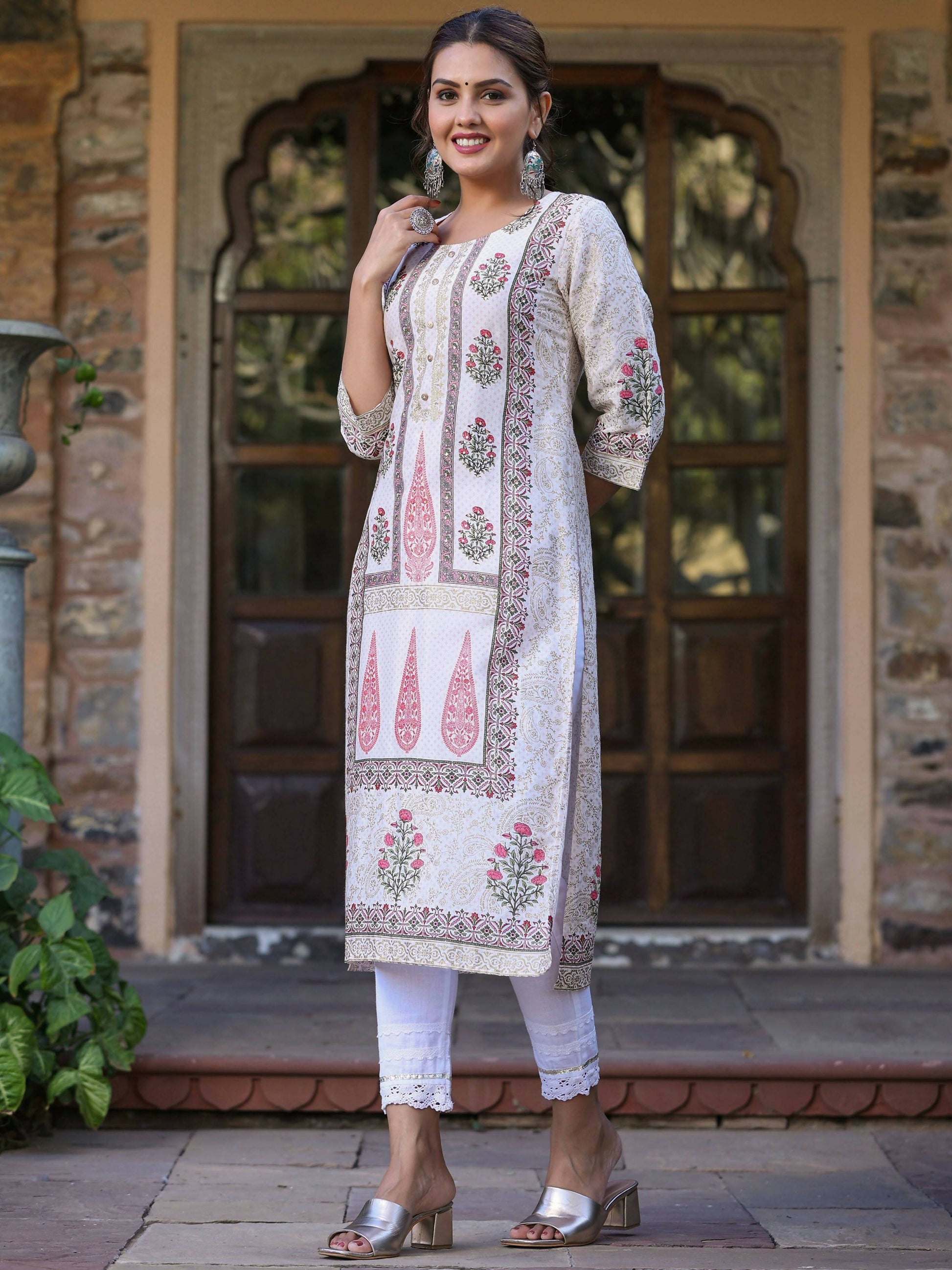 Juniper Women's Pink Viscose Shantoon Festive Printed Straight Kurta - Distacart