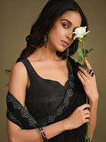 Thumbnail for Black Crepe Silk Sequence Embroidered & Stone Work With Sequence Work Jacket Saree With Stitched Blouse - Mohmanthan La Belle - Distacart
