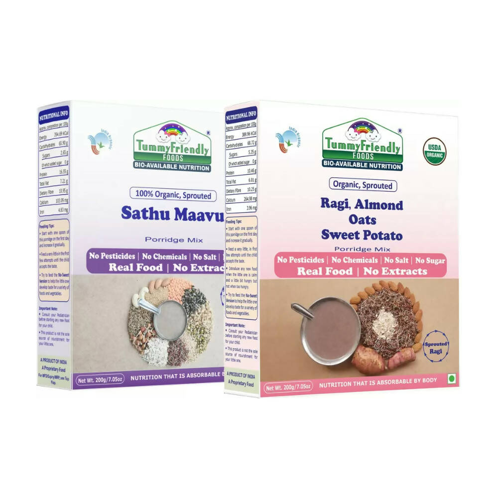 TummyFriendly Foods Organic Sathu Maavu, and Sprouted Ragi, Oats, Red Lentil, Banana Porridge Mixes - Distacart