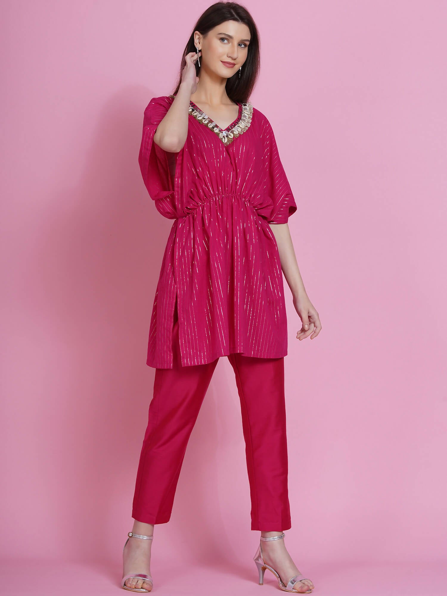 Women Republic Pink Lurex Cotton Kaftan Style Kurta With Pants - Distacart
