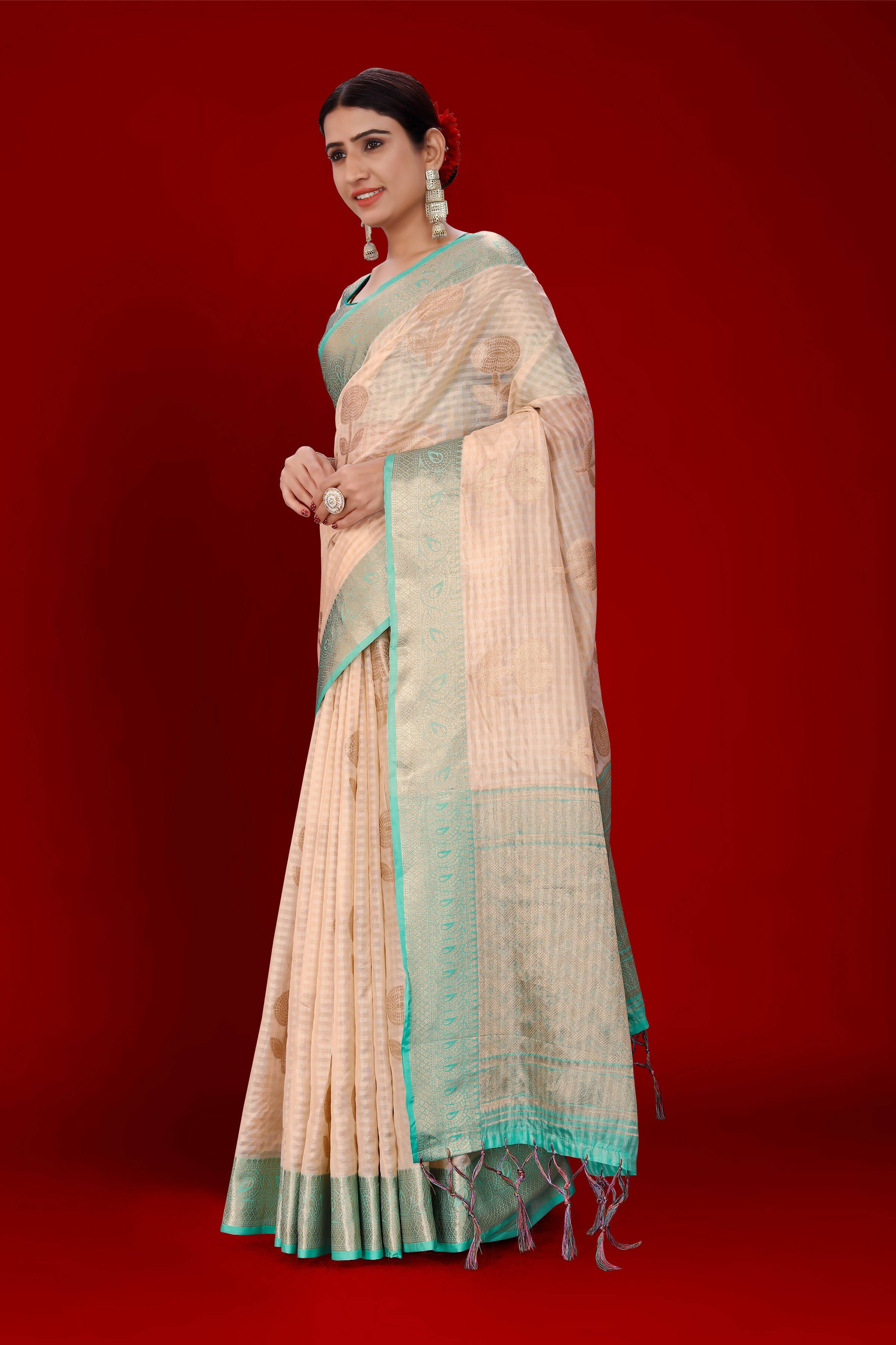 Peach Soft Organza Woven Design Saree With Unstitched Blouse Piece - Zaara - Distacart