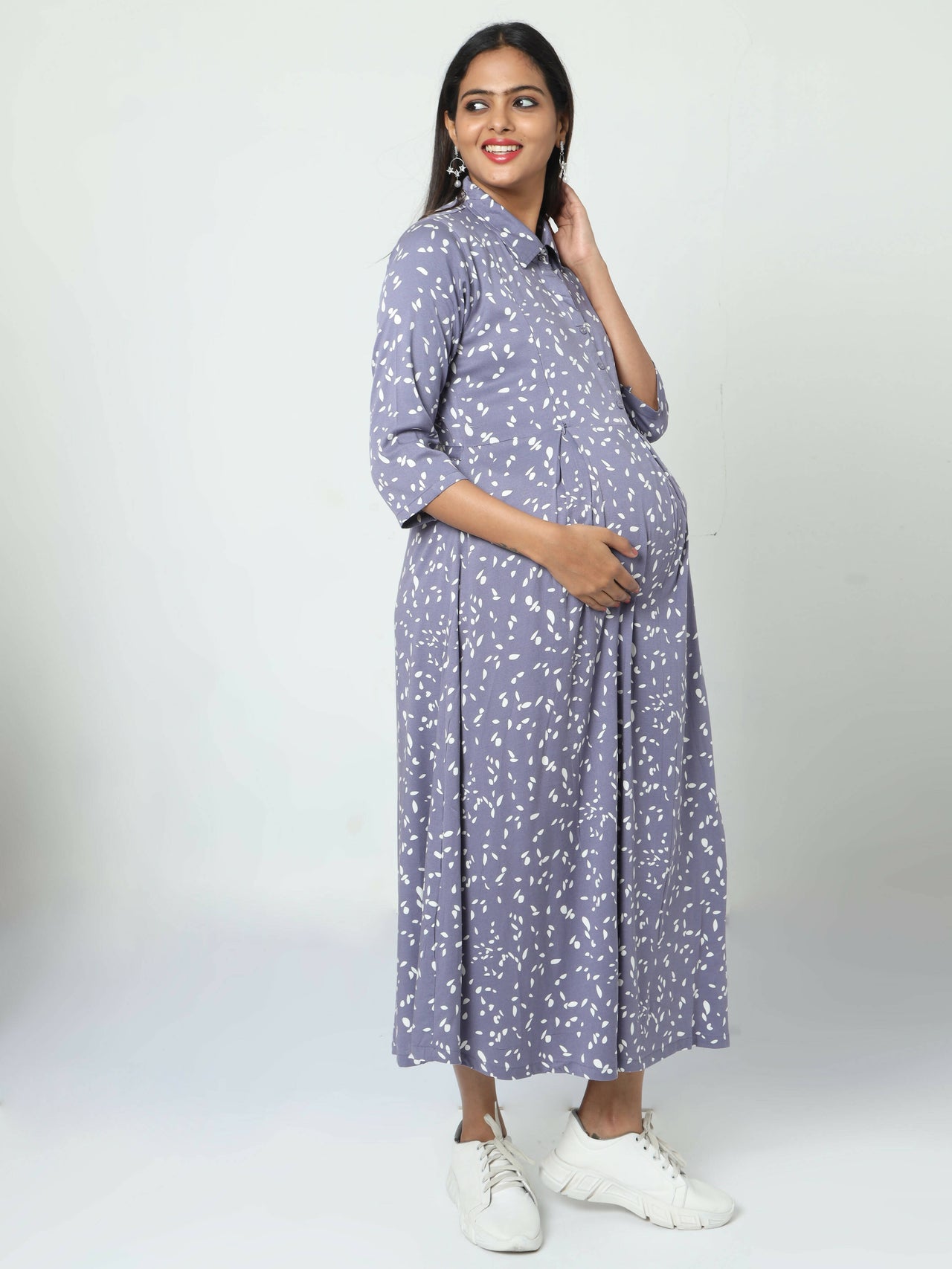 Manet Three Fourth Maternity Dress White Dot Print With Concealed Zipper Nursing Access - Blue - Distacart