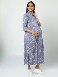 Thumbnail for Manet Three Fourth Maternity Dress White Dot Print With Concealed Zipper Nursing Access - Blue - Distacart