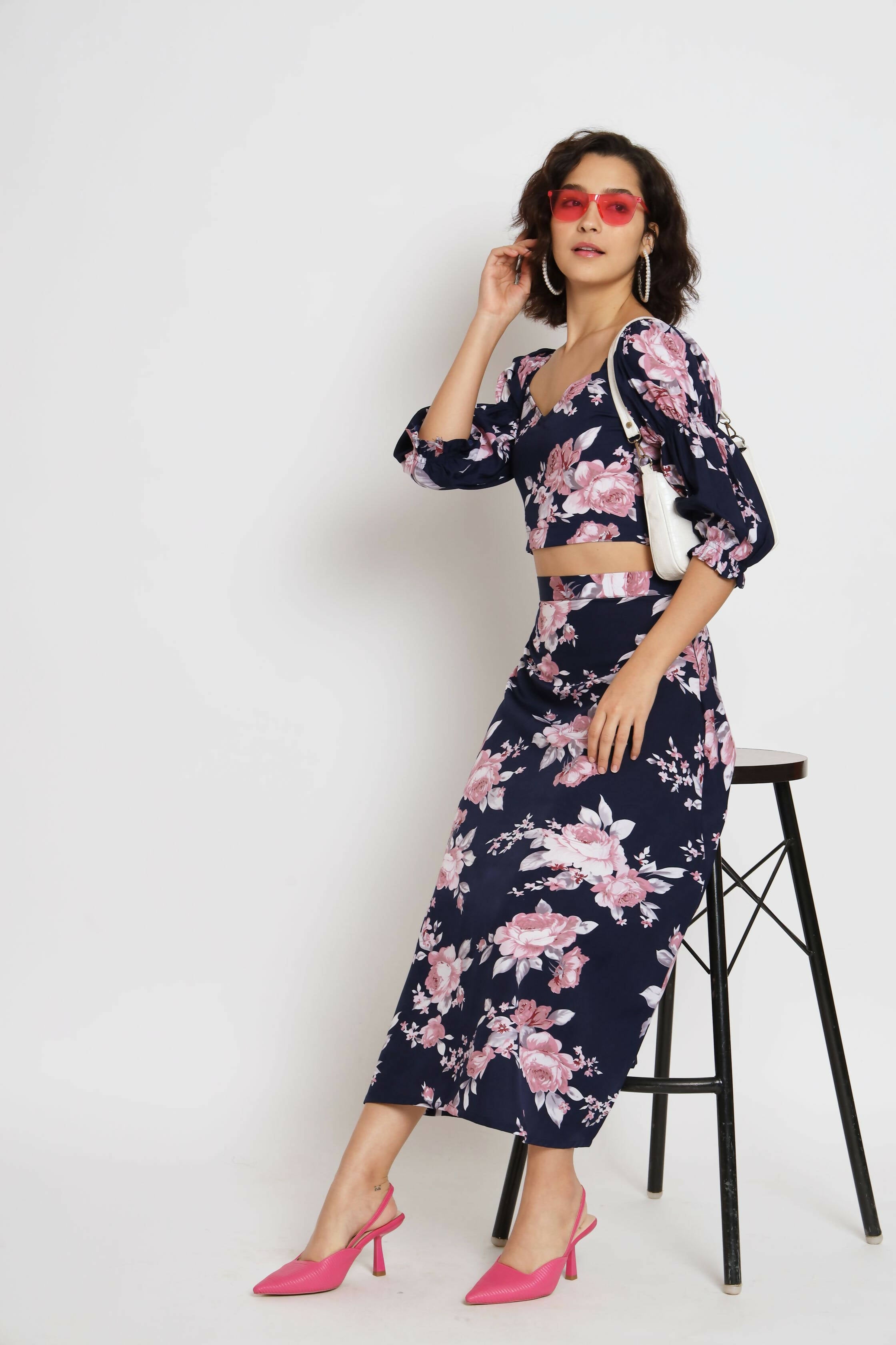 Blue Crepe Floral Printed Top with Matching Skirt - Shivani - Distacart