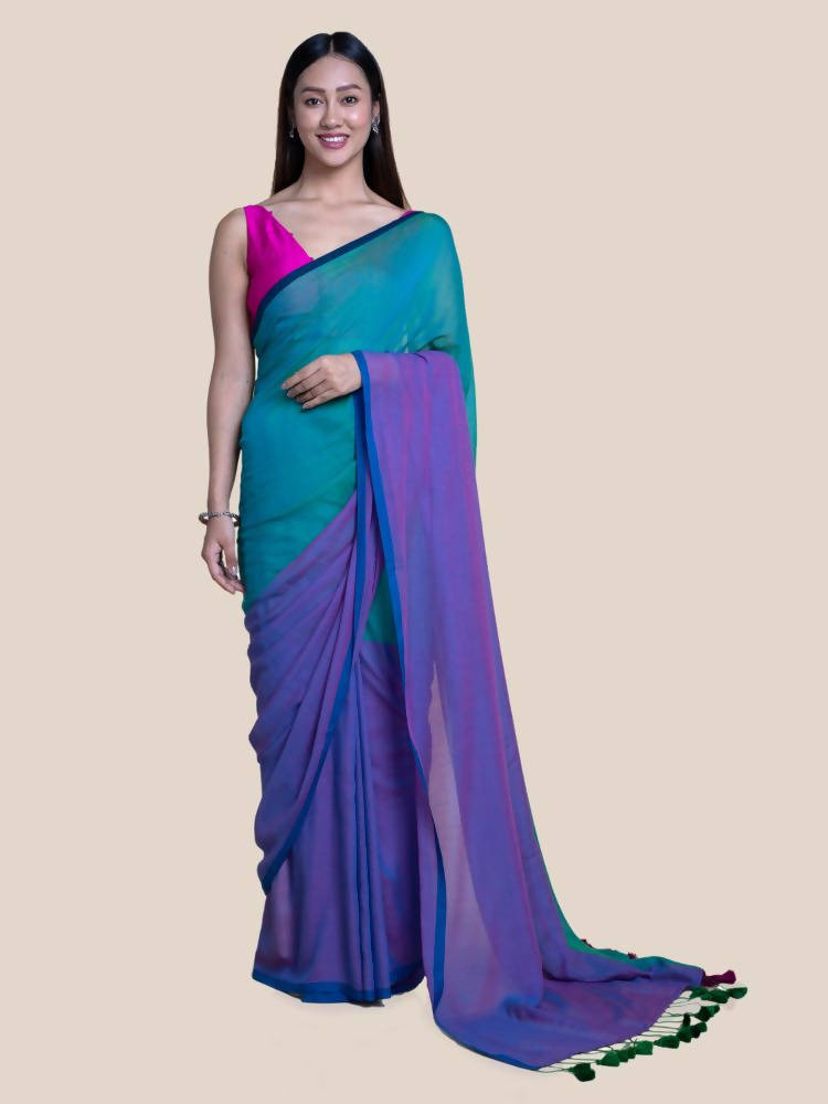 Suta Purple Green Colourblocked Mul Saree - Distacart