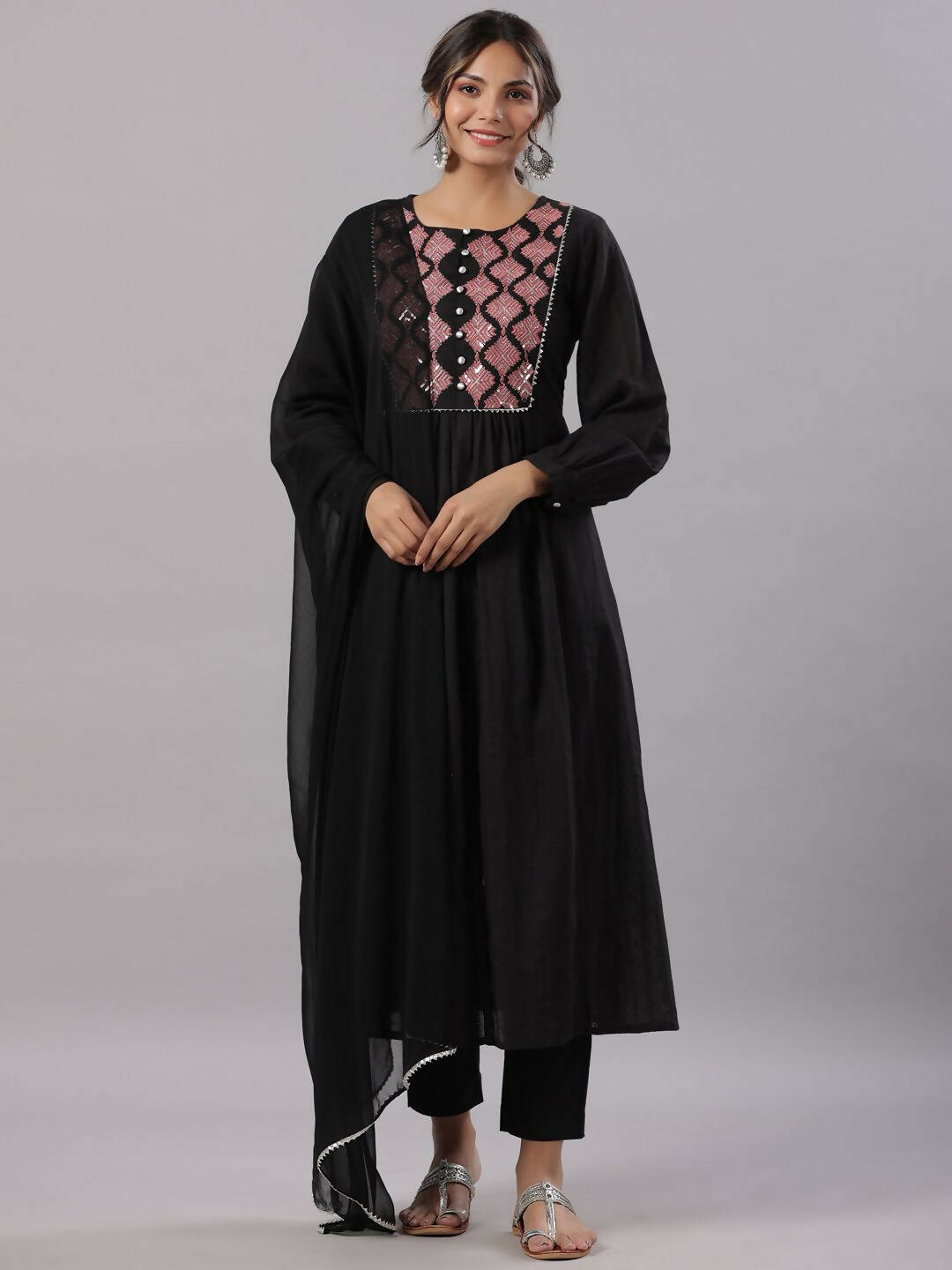 Juniper Women's Black Cotton Dobby Solid With Embroidery Flared Kurta Sets - Distacart