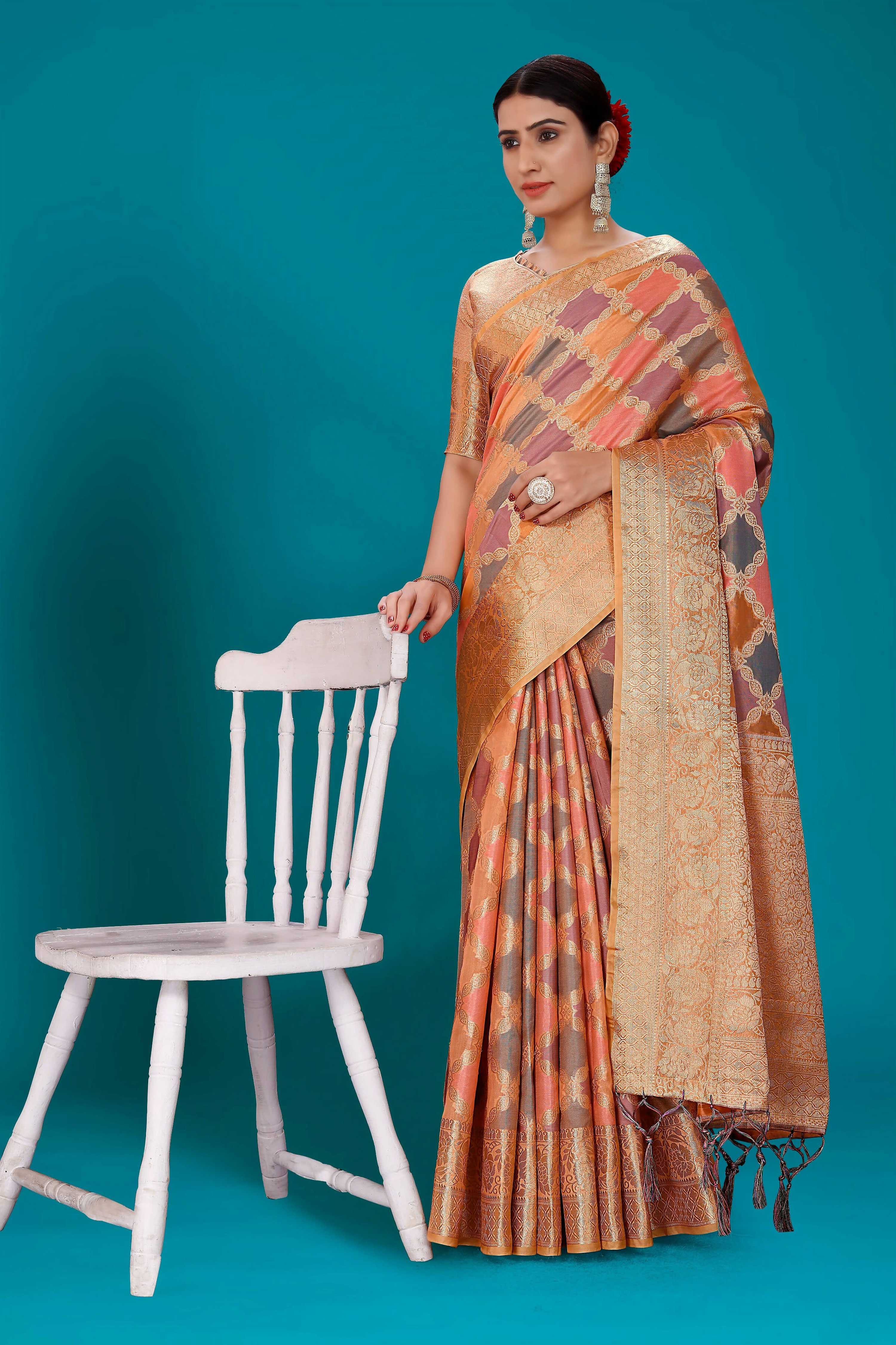 Orange Soft Organza Woven Design Saree with Unstitched Blouse Piece - Zaara - Distacart