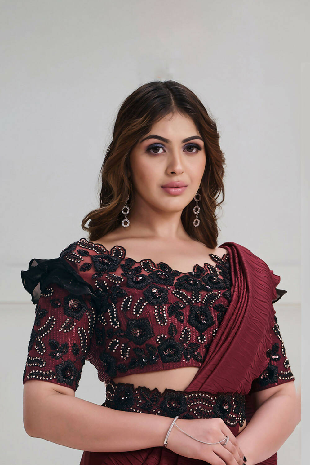 Maroon Crepe Silk Georgette Texture with Cord, Sequence Embroidered & Stone work Saree - Mohmanthan Majestica - Distacart