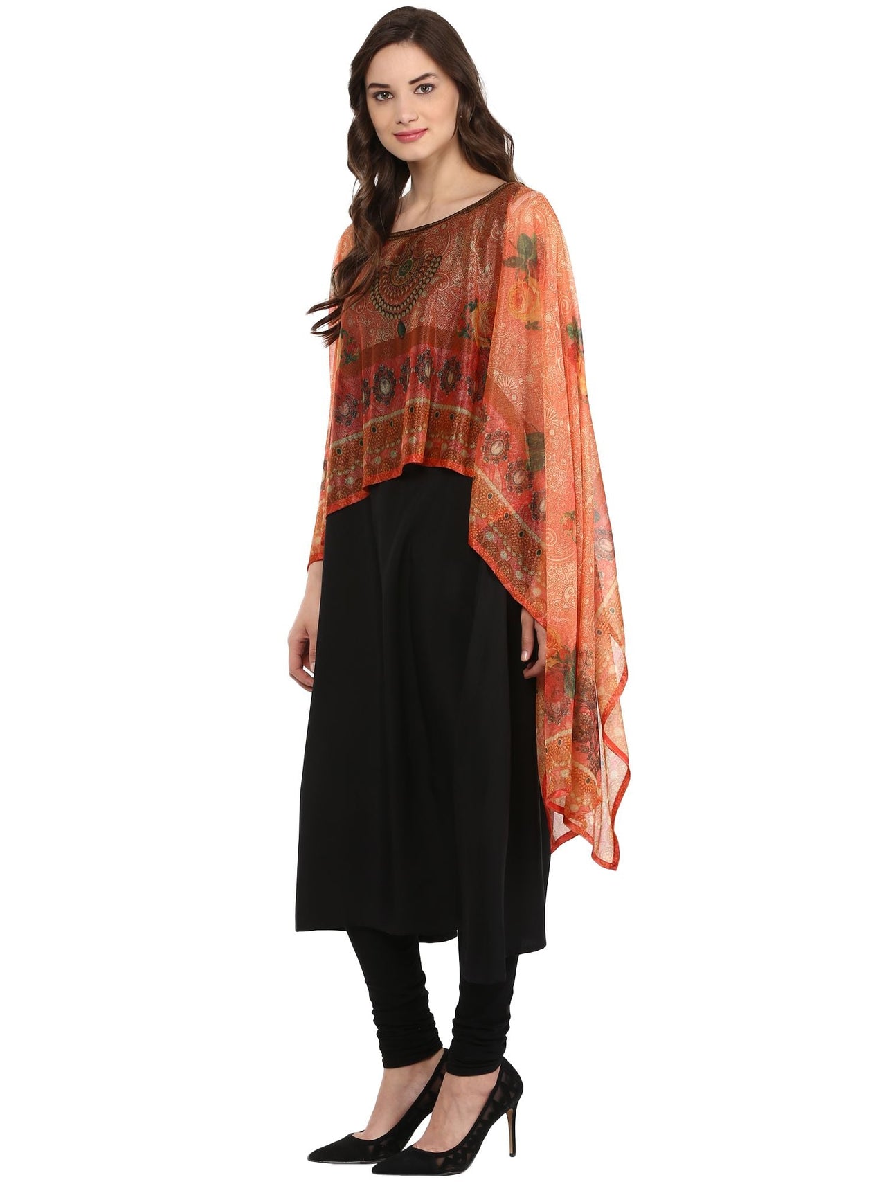 Ahalyaa Black Crepe Printed Kurta With Attached Dupatta For Women