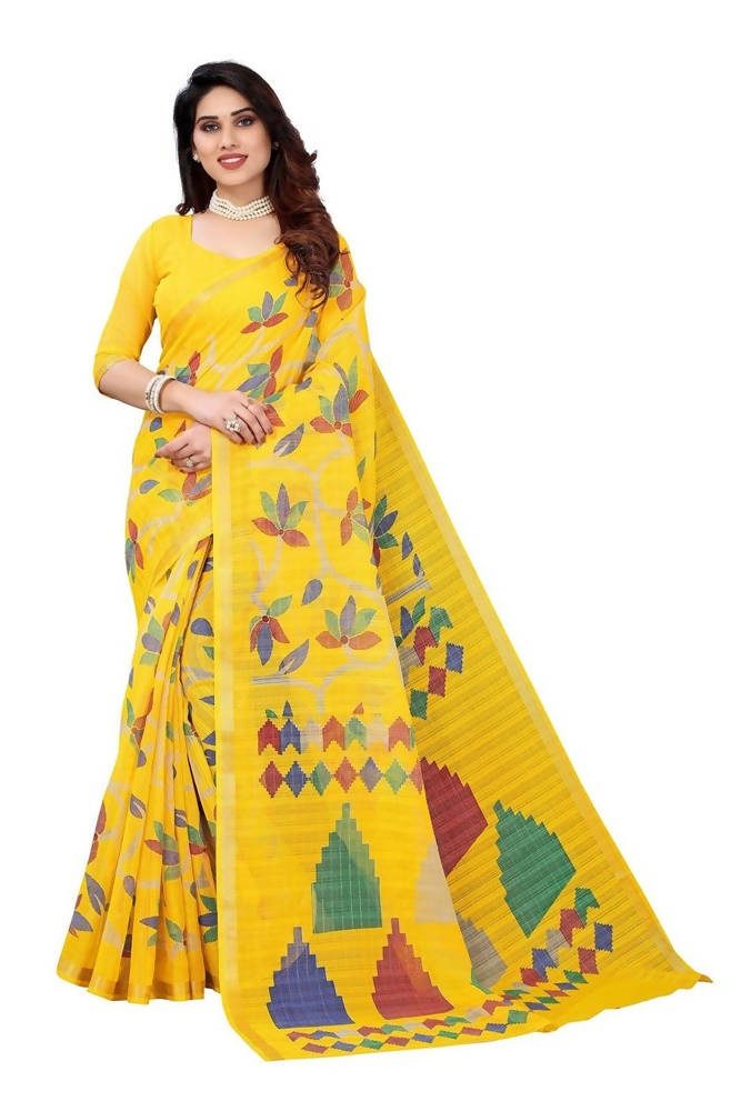 Vamika Yellow Linen Zari Border Printed Saree