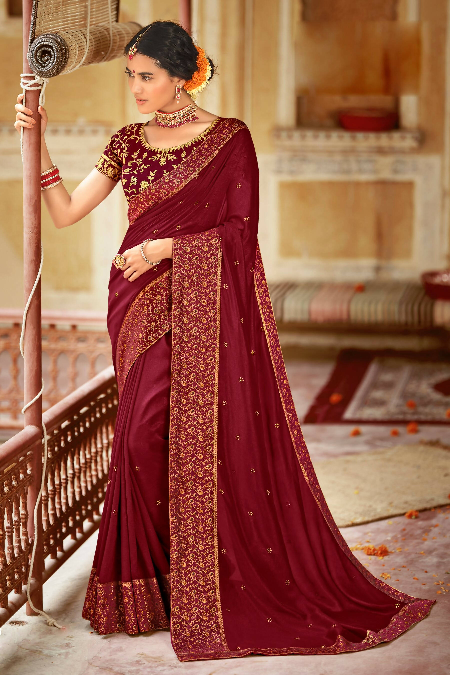 Maroon Vichitra Stone Work Saree With Unstitched Blouse Piece - Rosy - Distacart