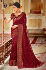 Thumbnail for Maroon Vichitra Stone Work Saree With Unstitched Blouse Piece - Rosy - Distacart