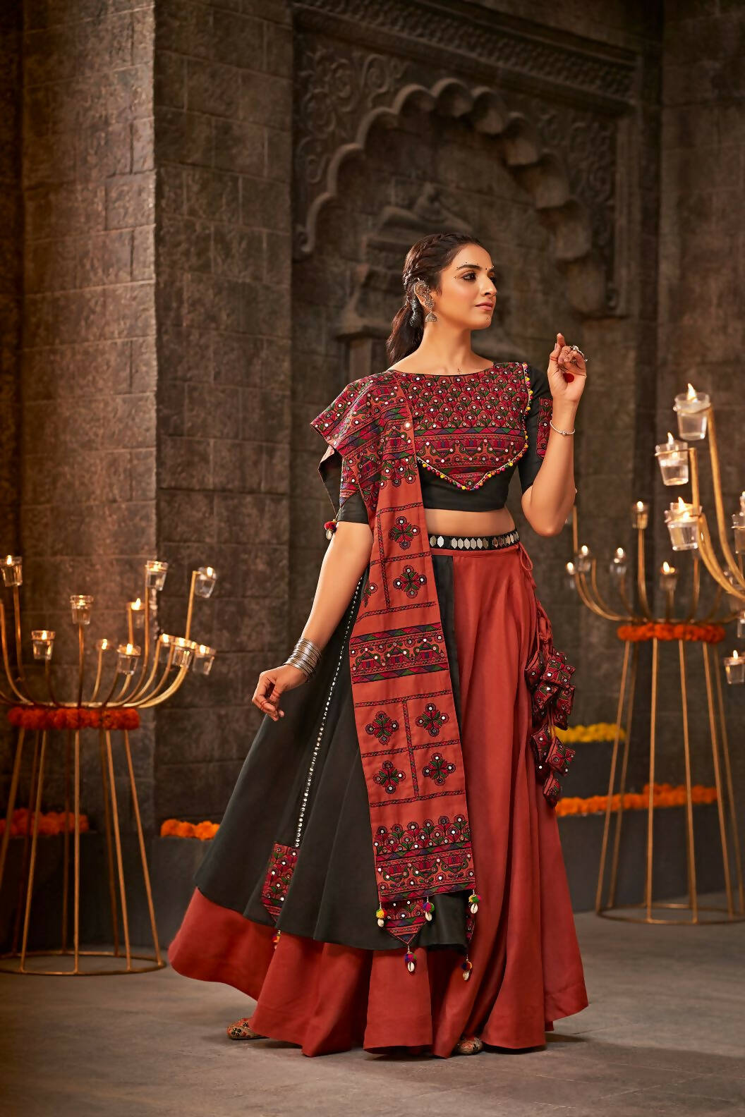 Orange Cotton Thread Embroidered Navratri Lehenga Choli with Dupatta - Raas - Distacart