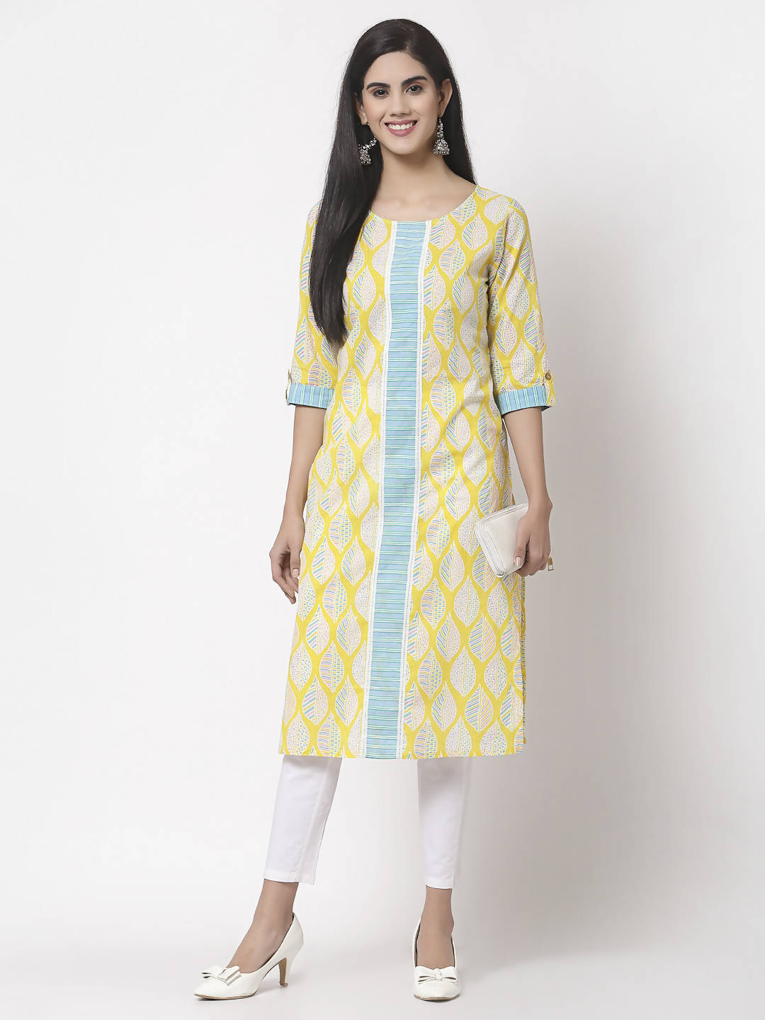 Myshka Women Yellow Cotton Printed 3/4 Sleeve Round Neck Kurta