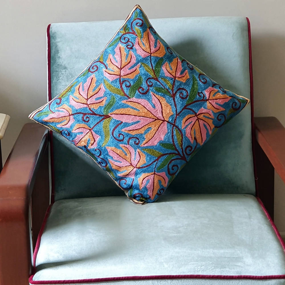 The Decor Nook Hand Embroidered Crewel Cushion Covers in Colar Pink & Chinar Leaf Motif with Blue Base - Distacart