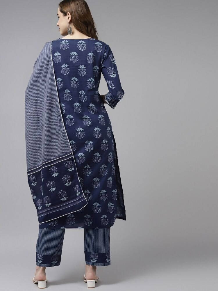 Yufta Women Navy Blue Gotta Patti Pure Cotton Kurta with Palazzo and Dupatta