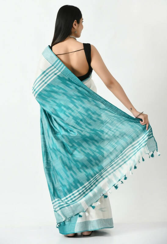 Mominos Fashion Moeza White & Sea Green Bhagalpuri Handloom Ikat Pure Cotton Saree with unstitched Blouse piece - Distacart