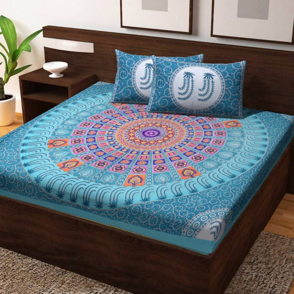 Vamika Printed Cotton Rama Green Bedsheet With Pillow Covers 