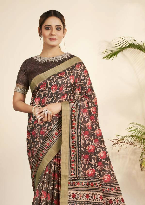 Brown Bhagalpuri Silk Floral Print with Hand work & Stone Work Border Saree - Norita Nirvi - Distacart