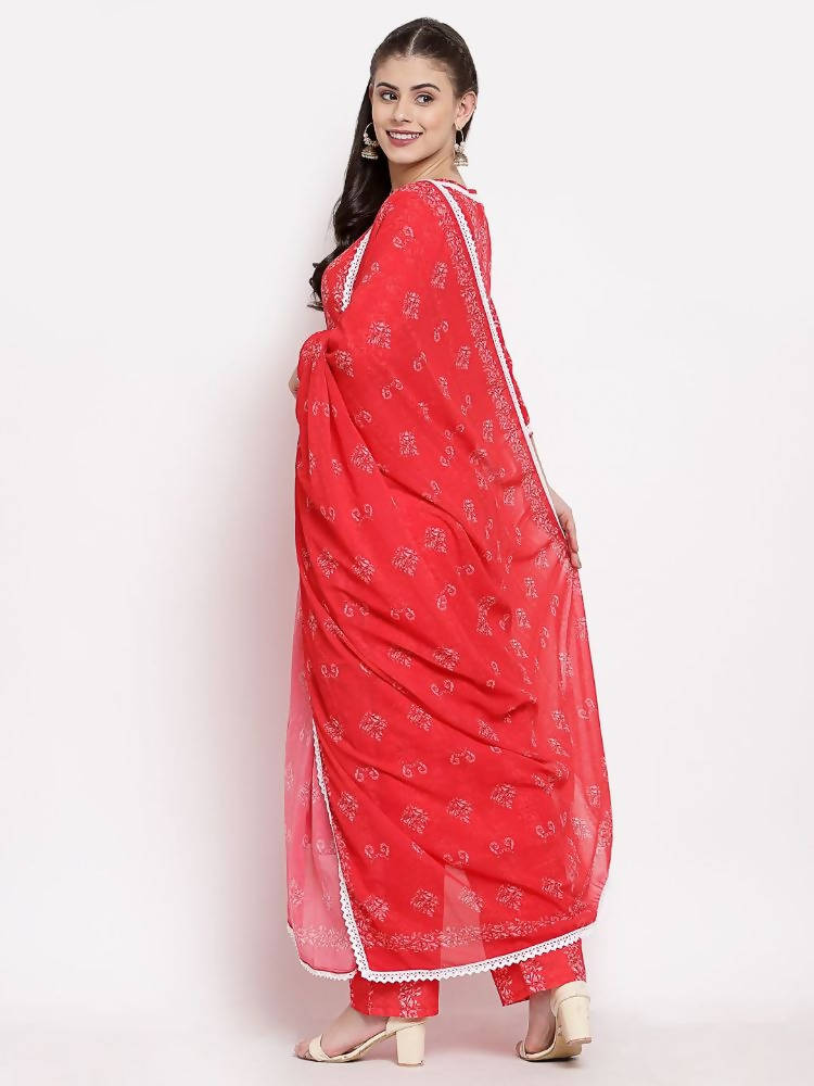 Myshka Women's Red Cotton Printed 3/4 Sleeve Round Neck Casual Kurta Pant Dupatta Set