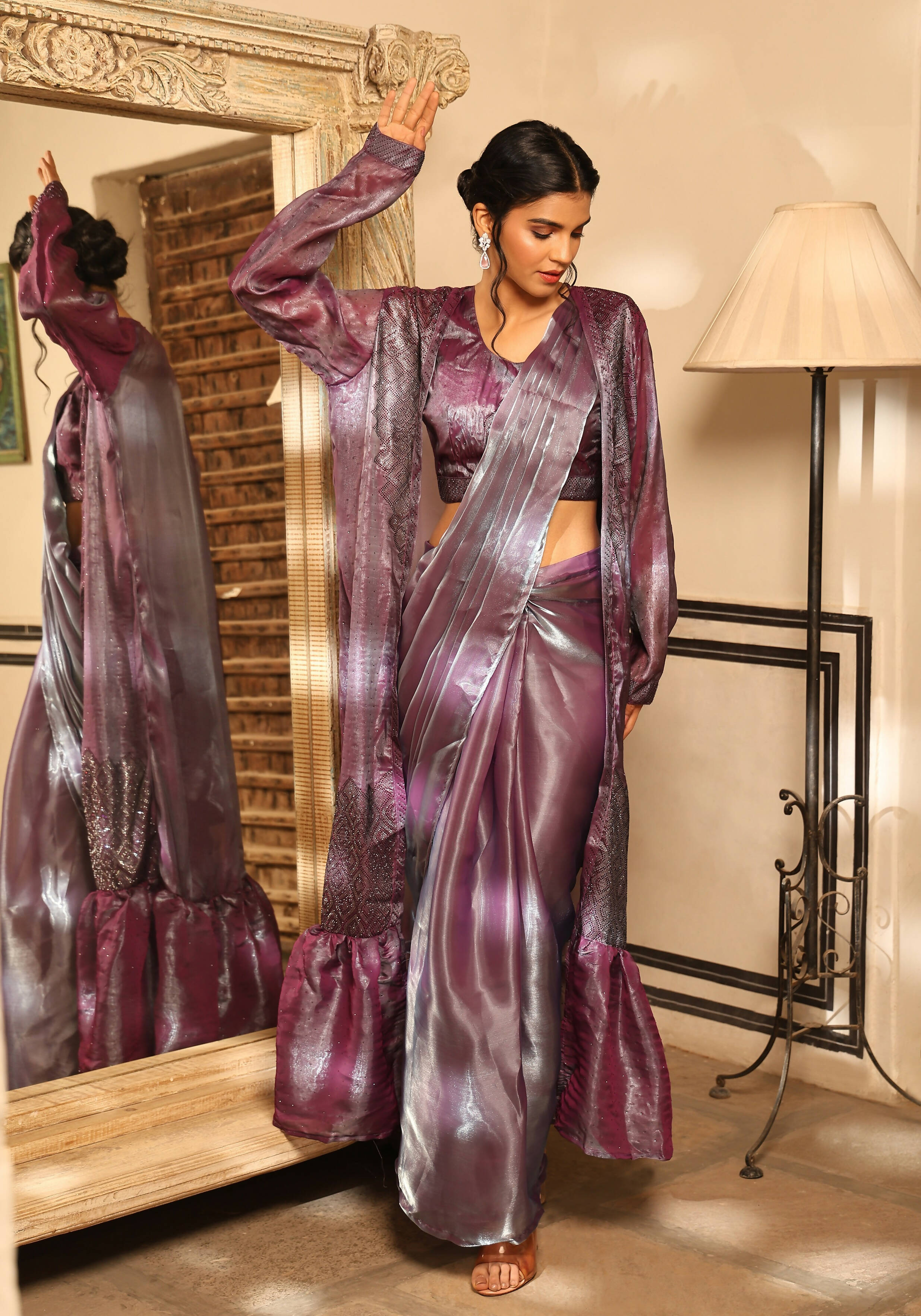 Lavender Tom Silk Plain Ready To Wear Saree With Stitched Blouse - Satiksha - Distacart