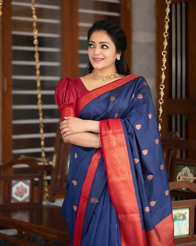 DEIANA'S Beautiful Golden Jari with New Design Soft Lichi Silk Saree - Blue - Distacart