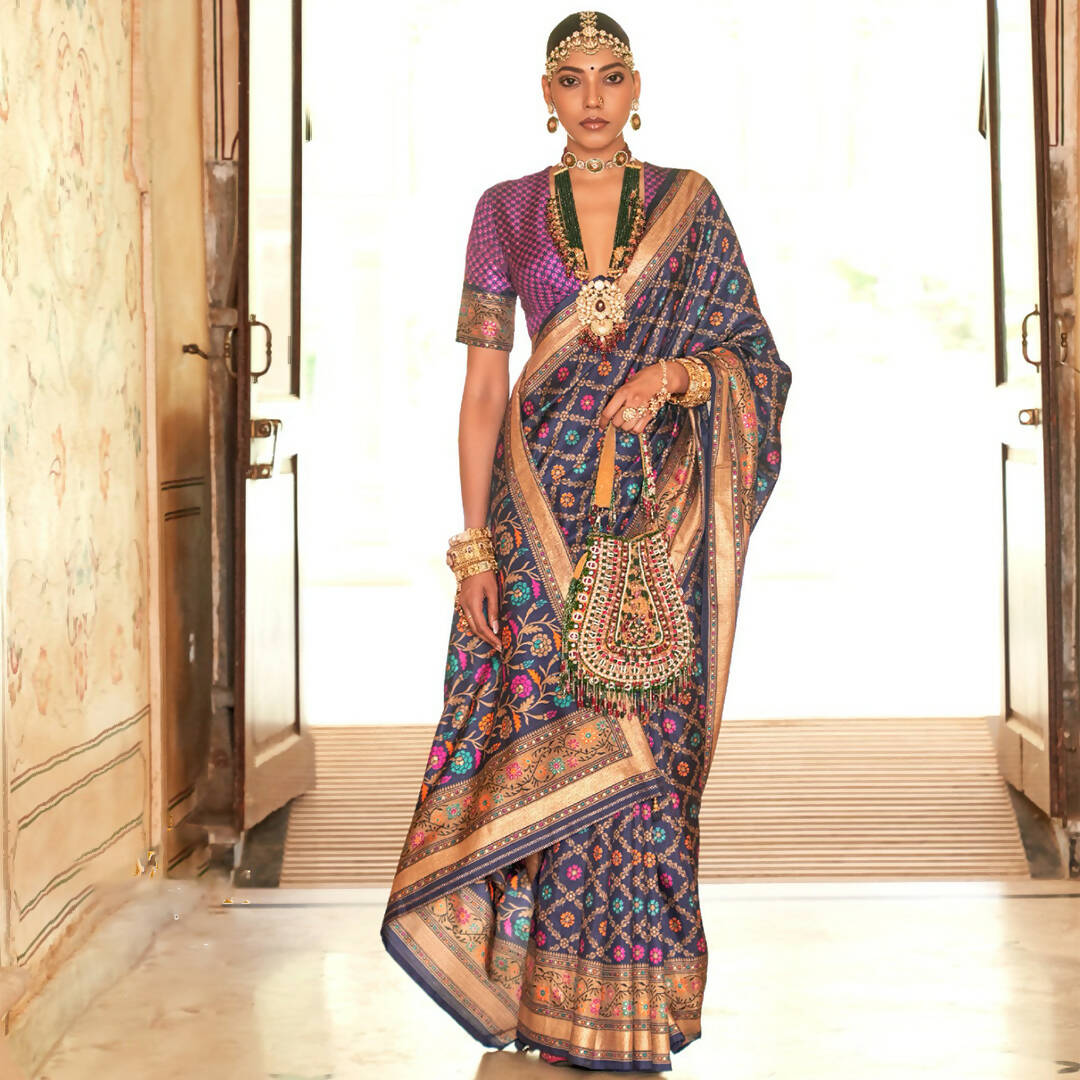 Bay Blue Silk With Banarasi Print Work Saree - Trirath Yamuna - Distacart
