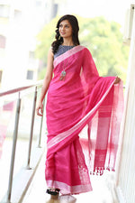 Thumbnail for Very Much Indian Pure Organic Linen Saree – Bright Pink (Hand-Dyed) - Distacart