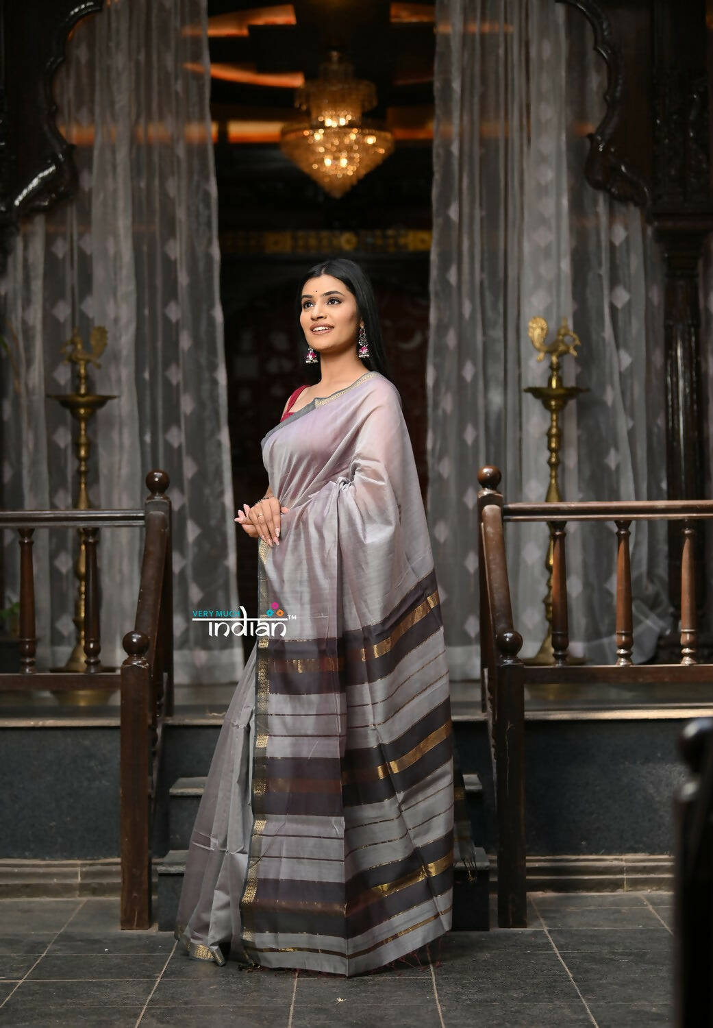 Very Much Indian VMI Exclusive Designer! Handloom Cotton Silk Saree With Sleek Golden Border - Grey Shade - Distacart