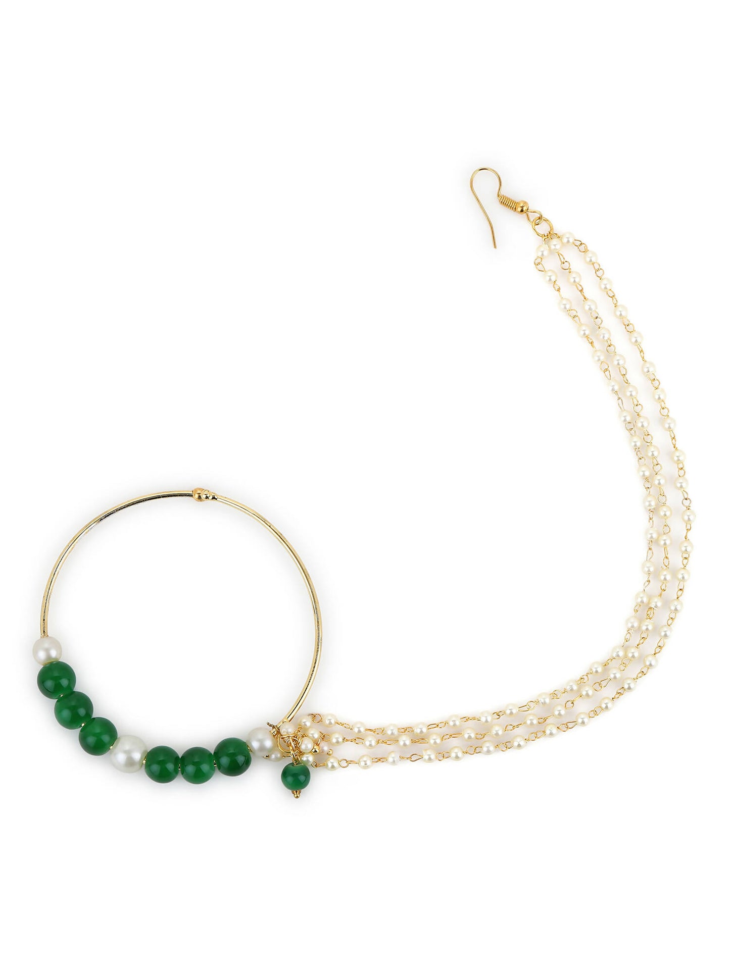Gold-Plated White Green Stone-Studded Pearl Beaded Nosepin - Ruby Raang - Distacart