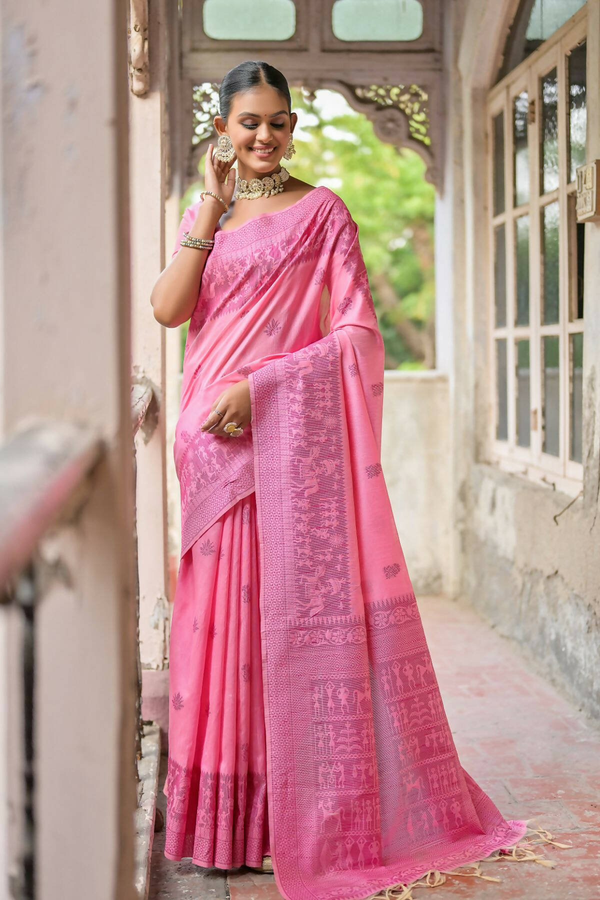 Vishnu Weaves Women's Pink Handloom Raw Silk Woven Border Saree with Blouse - Distacart