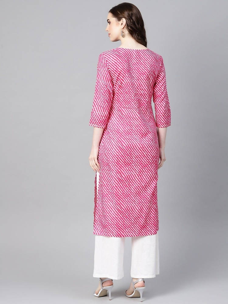 Yufta Women Pink & White Leheriya Print Straight Kurta