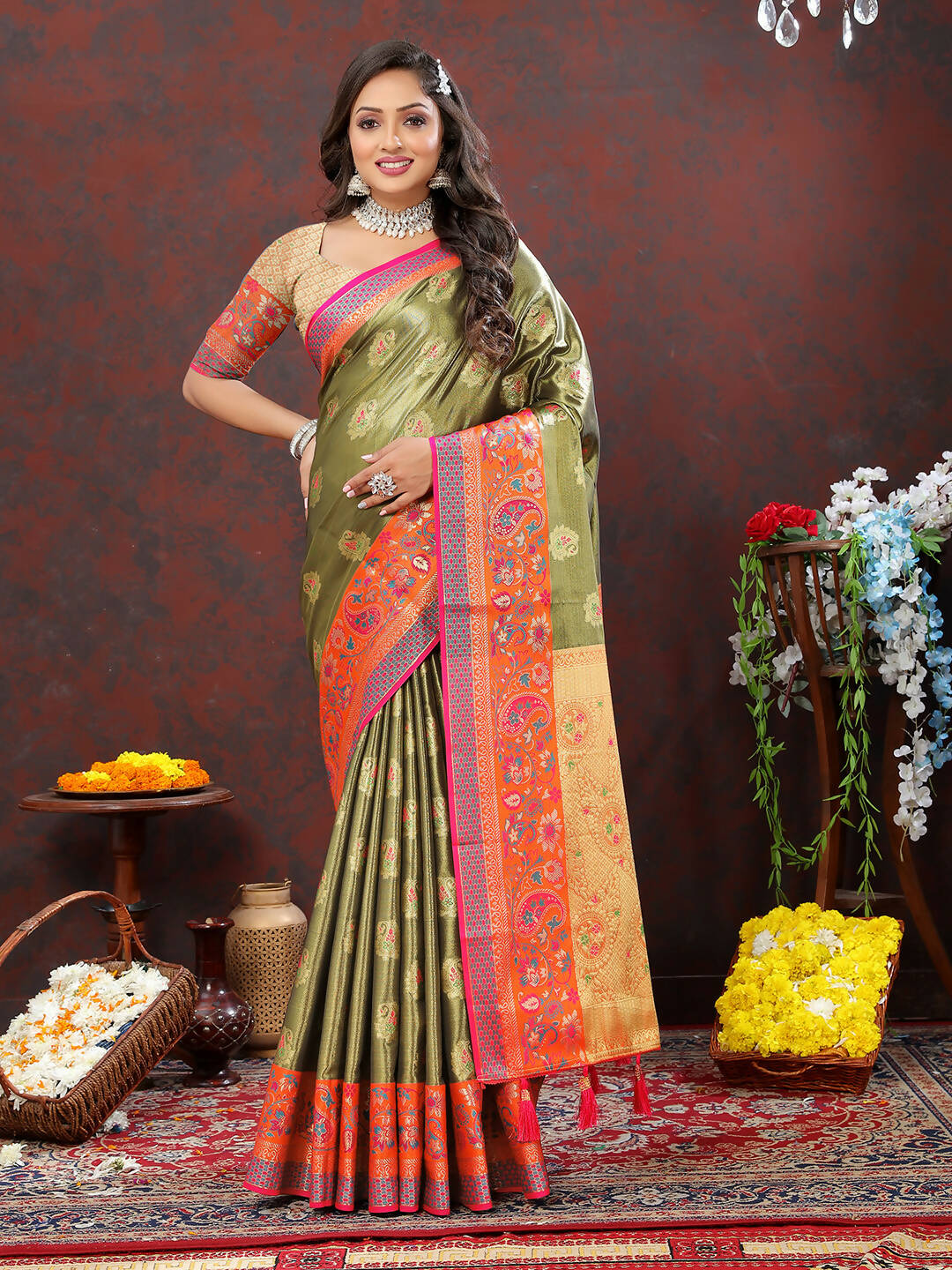 Lorenvalley Fashion Mehndi Kanjivaram Silk Woven Design with Zari Weaving Saree - Distacart