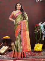 Thumbnail for Lorenvalley Fashion Mehndi Kanjivaram Silk Woven Design with Zari Weaving Saree - Distacart
