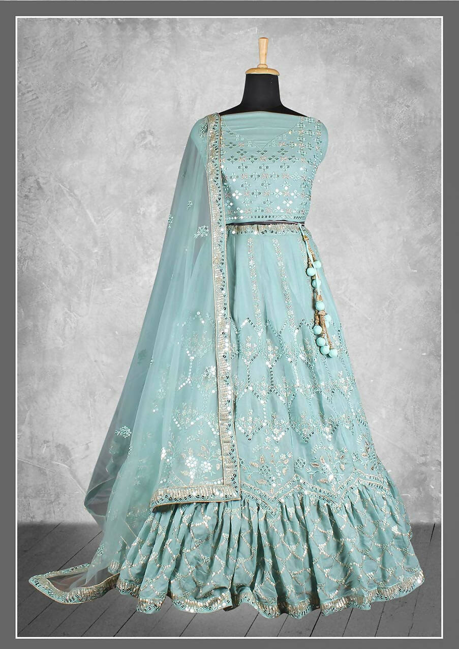 Sea Green Satin Silk Sequins and cord embroidery, cut work Bridal lahenga Choli with Dupatta - Nimaya Pavitra Rista - Distacart