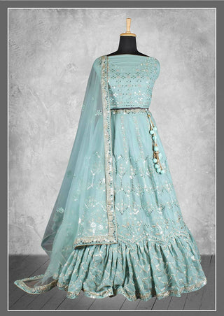 Sea Green Satin Silk Sequins and cord embroidery, cut work Bridal lahenga Choli with Dupatta - Nimaya Pavitra Rista - Distacart