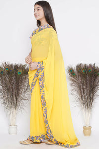 Thumbnail for Little Bansi Floral Print Ready To Wear Saree And Floral Blouse - Yellow - Distacart