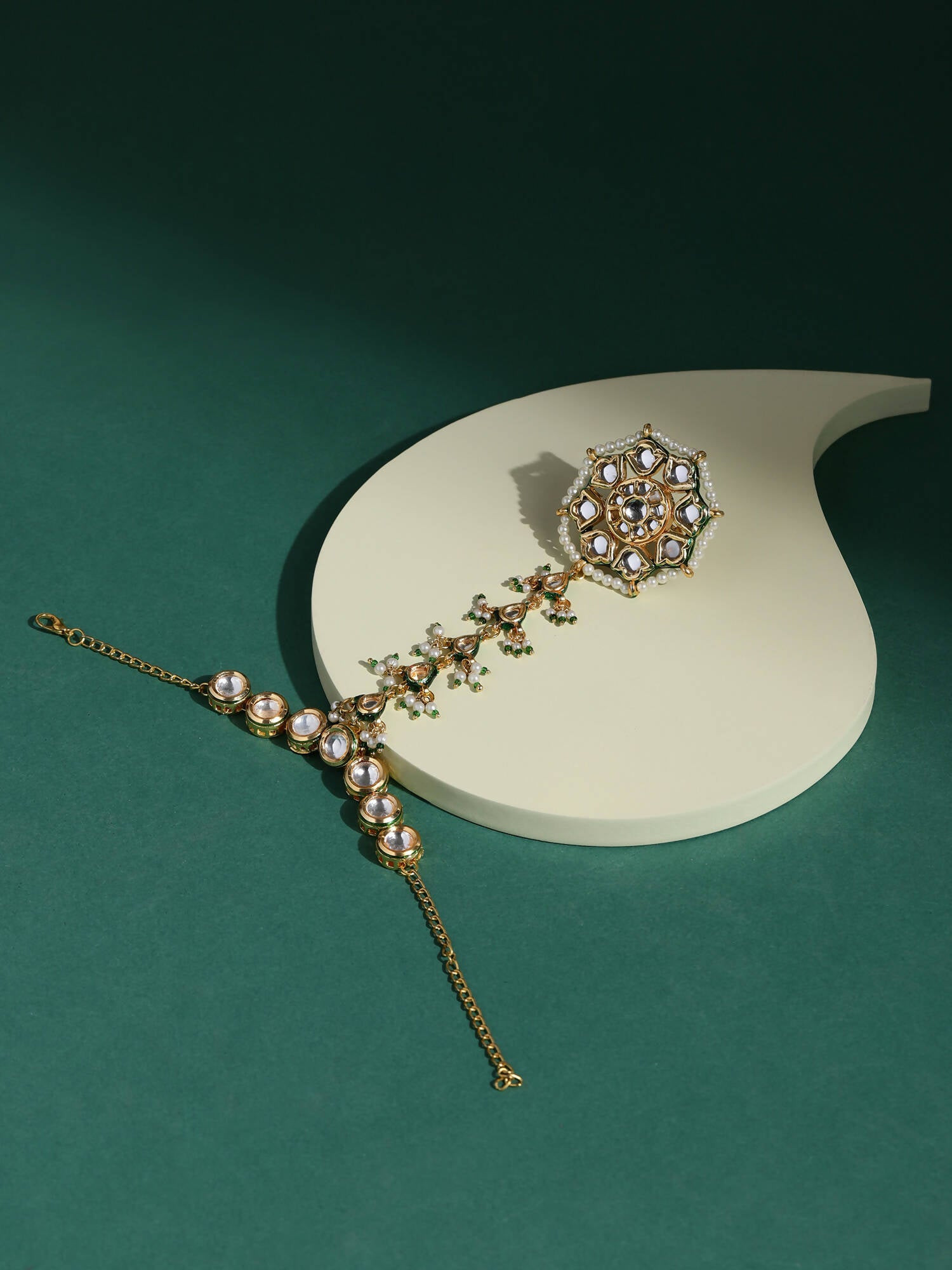 Women's Gold-Toned White Brass Kundan Gold-Plated Link Bracelet - Ruby Raang - Distacart