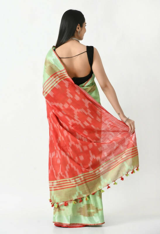 Mominos Fashion Moeza Light Green & Red Bhagalpuri Handloom Ikat Pure Cotton Saree with unstitched Blouse piece - Distacart