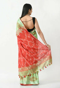 Thumbnail for Mominos Fashion Moeza Light Green & Red Bhagalpuri Handloom Ikat Pure Cotton Saree with unstitched Blouse piece - Distacart