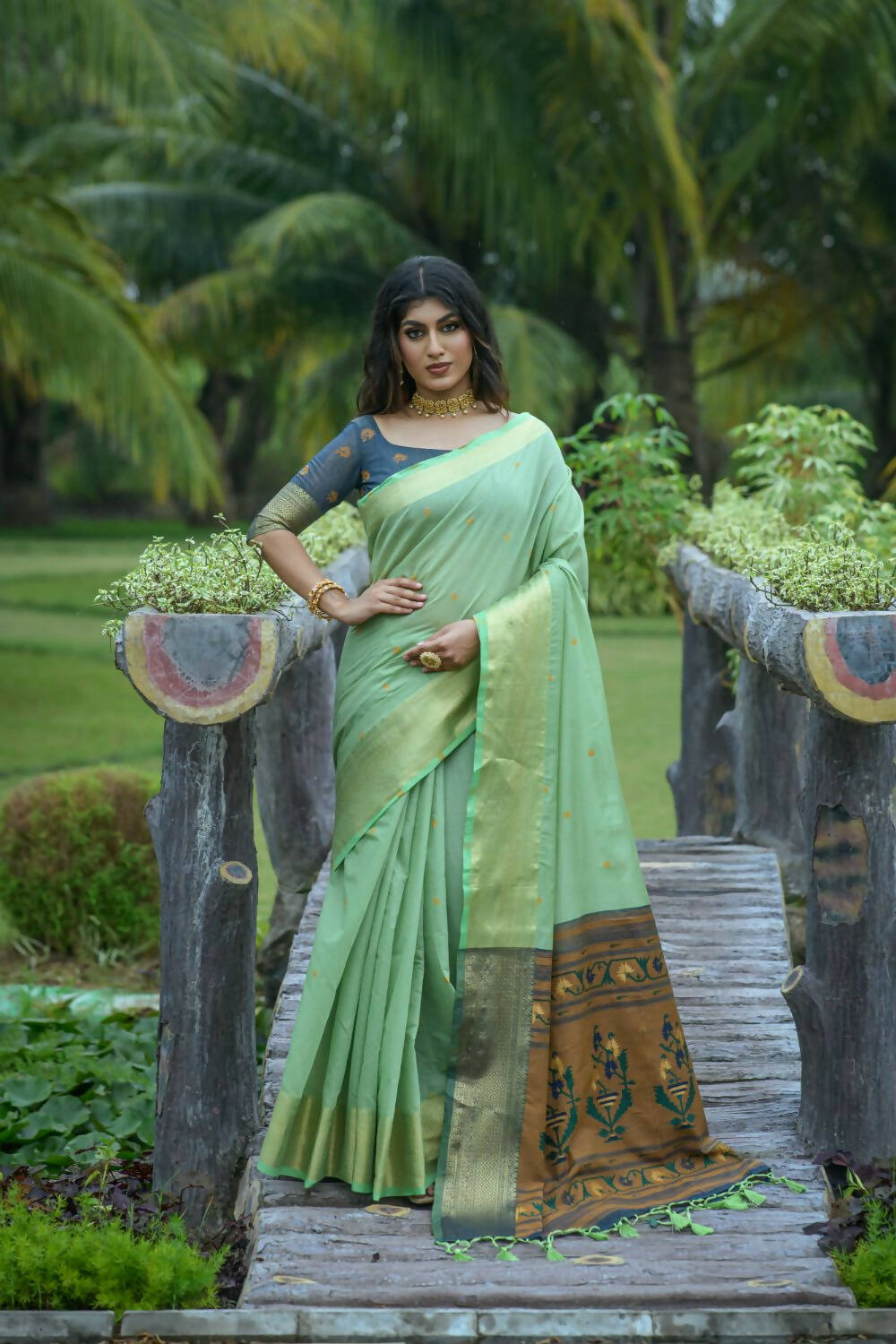 Vishnu Weaves Women's Sea Green Cotton Silk Zari Woven Saree with Blouse - Distacart