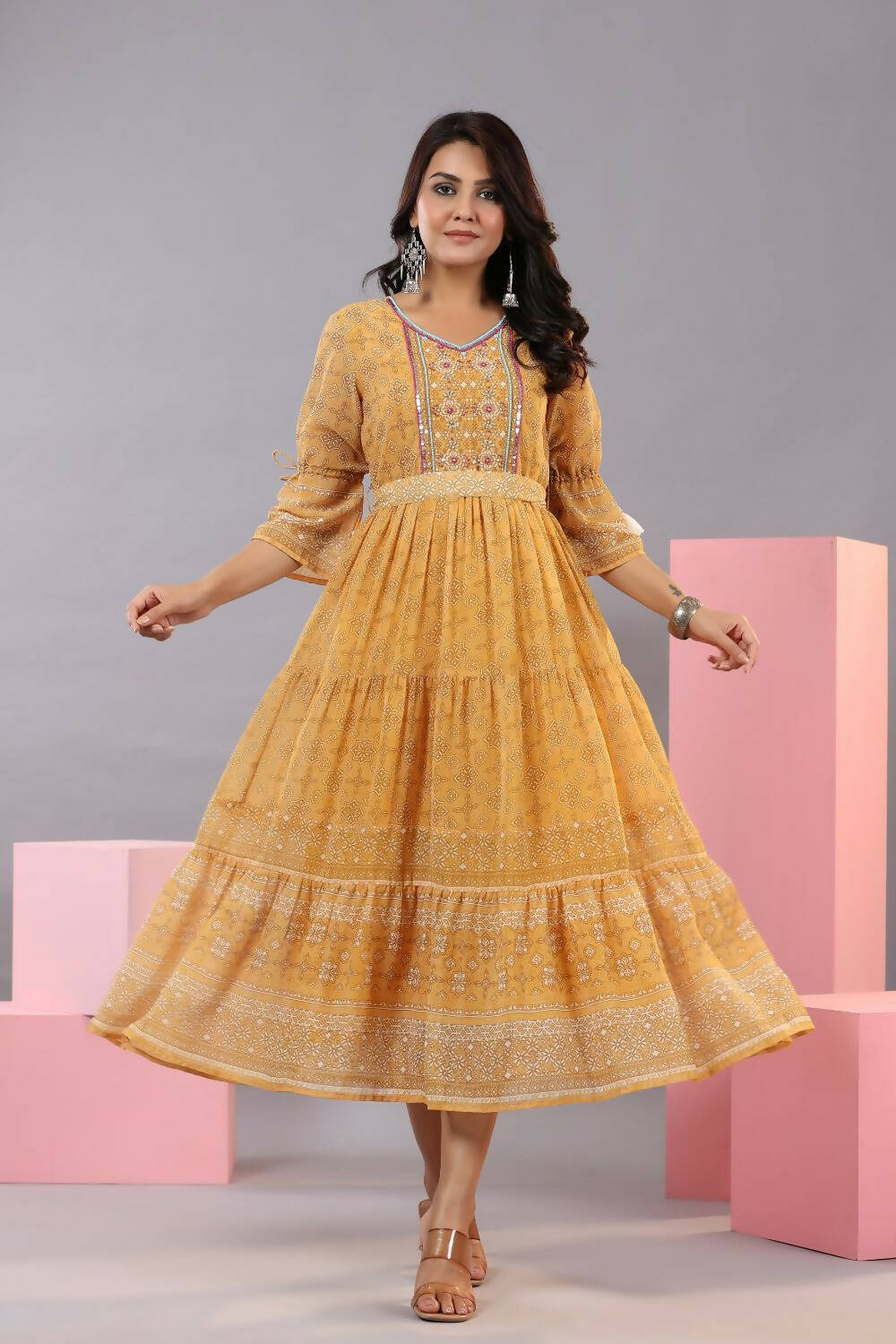 Juniper Women Yellow Georgette Geometric Printed Tiered Maxi Dress - Distacart