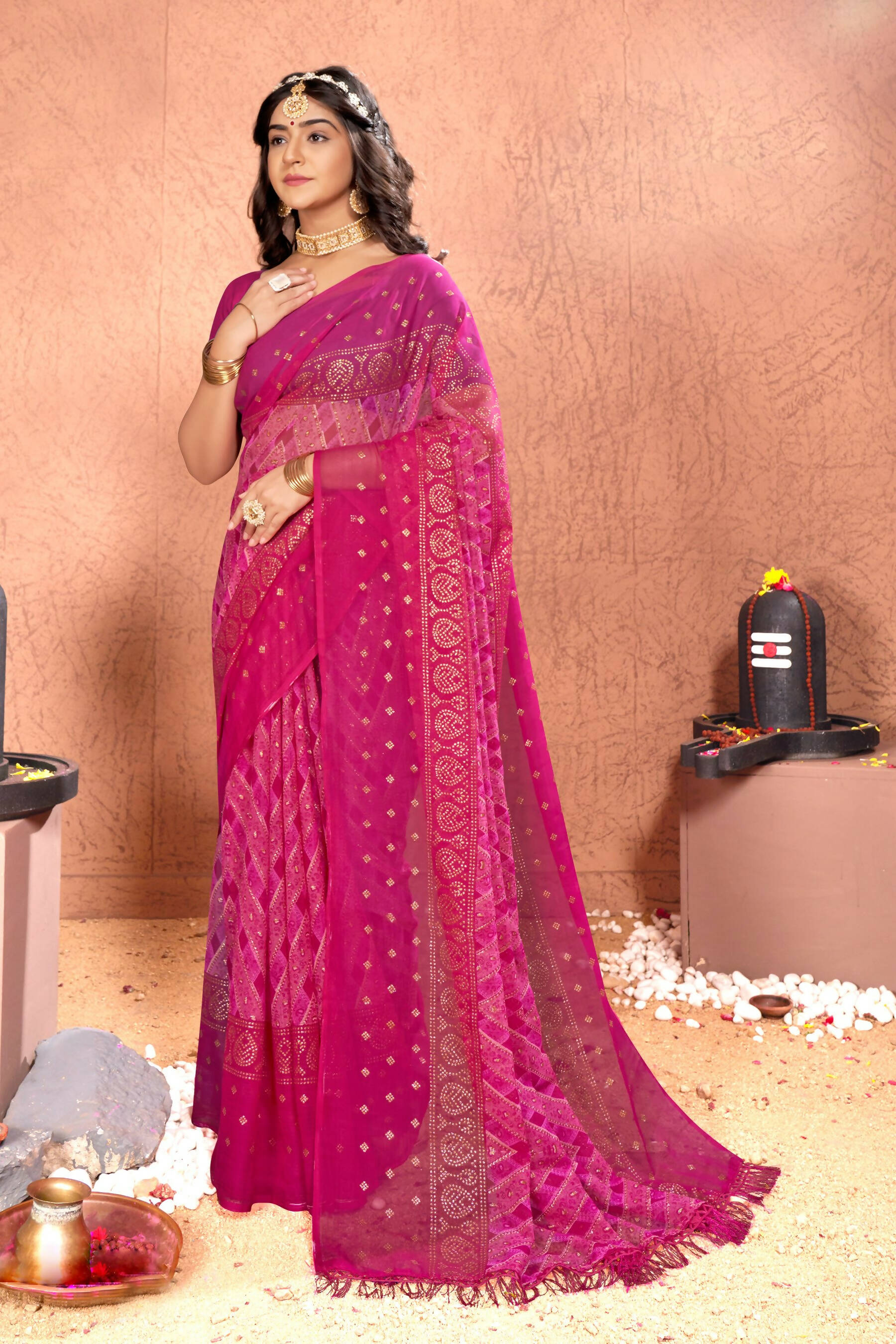 Pink Chiffon Foil Printed Saree with Unstitched Blouse Piece - Rajal - Distacart