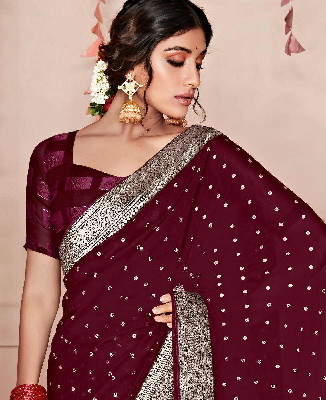 Wine Georgette Foil Printed Saree With Unstitched Blouse Piece - Nitya - Distacart
