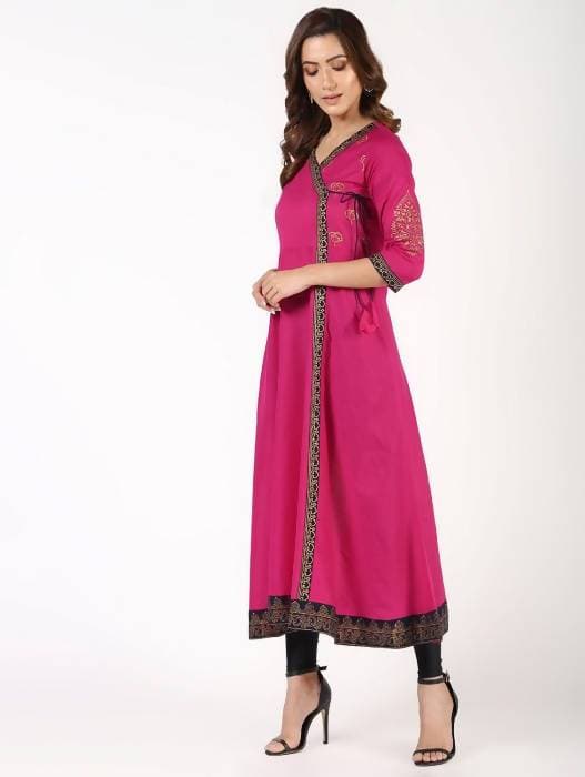 Aniyah Cotton Block Print Angrakha Kurta In Magenta (AN-148K)