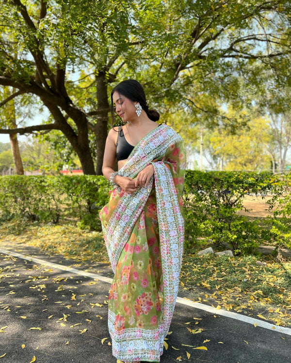 Vamsee Green Organza Saree - Distacart